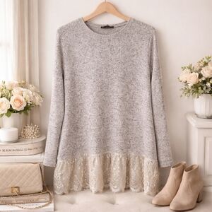 Zara Anthracite Grey Lace Hem Tunic Top Small Soft Knit